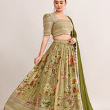 Olive Green Satin Crepe Floral Printed Lehenga Set