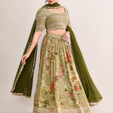 Olive Green Satin Crepe Floral Printed Lehenga Set