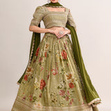 Olive Green Satin Crepe Floral Printed Lehenga Set