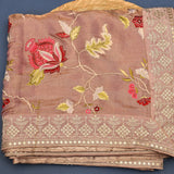 Elegant Mauve Organza Tissue Saree With Gold Embroidered Floral & Vine Design