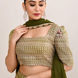 Olive Green Satin Crepe Floral Printed Lehenga Set
