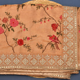 Charming Peach Organza Tissue Saree With Hand-Embroidered Floral Garden & Bird Motifs
