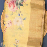 Pastel Lemon Yellow Sheer Organza Printed Saree With Watercolor English Rose Motifs And Gold Zari Border