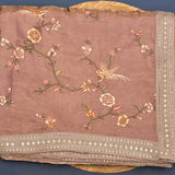 Mauve Silk Saree With Embroidered Birds And Floral Design With Gold-Silver Border