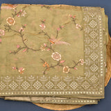 Beige Organza Tissue Saree With Embroidered Birds And Floral Motifs With Gold Border