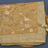 Dark Beige Silk Blend Tissue Embroidered Saree