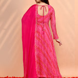 Bright Pink Tissue Silk Leheriya Anarkali Set