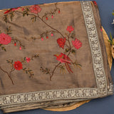 Brown Designer Organza Tissue Saree With Hand-Painted Floral & Bird Embroidery