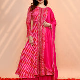 Bright Pink Tissue Silk Leheriya Anarkali Set