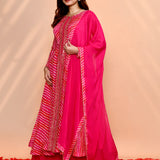Bright Pink Tissue Silk Leheriya Anarkali Set