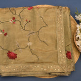 Classic Beige Organza Tissue Saree With Delicate Pink Floral Buttis And Woven Gold Zari Border