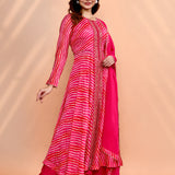 Bright Pink Tissue Silk Leheriya Anarkali Set