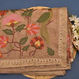 Brown Tissue Saree With Embroidered Multi-Color Floral Design And Gold Border