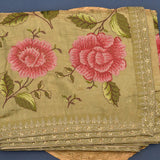 Beige Organza Tissue Saree With Pink Embroidered Floral And Gold Border