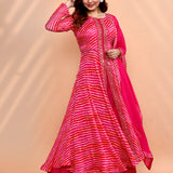 Bright Pink Tissue Silk Leheriya Anarkali Set