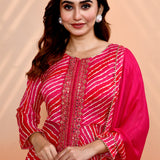 Bright Pink Tissue Silk Leheriya Anarkali Set