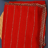Stunning Red Organza Saree With Gold & Silver Beaded Stripes & Scalloped Border