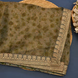 Olive Green Printed Organza Tissue Saree With Embroidered Zari Border