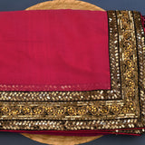 Stunning Bright Pink Georgette Saree With Black Lace Embroidered Pallu & Gold Sequin Border