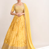 Muted Yellow Satin Floral Printed Lehenga Set