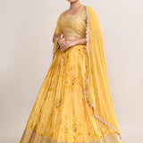 Muted Yellow Satin Floral Printed Lehenga Set