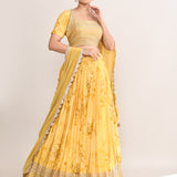 Muted Yellow Satin Floral Printed Lehenga Set