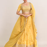 Muted Yellow Satin Floral Printed Lehenga Set