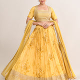 Muted Yellow Satin Floral Printed Lehenga Set
