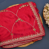Regal Red Silk Saree With Gold & Silver Embroidered Butti & Jaal Design With Beadwork