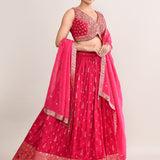 Bright Pink Tissue Banarasi Embroidered Lehenga Set