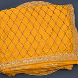 Radiant Golden Yellow Organza Saree With Silver Beaded Diamond Lattice Pattern
