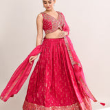 Bright Pink Tissue Banarasi Embroidered Lehenga Set