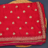 Crimson Red Silk Saree With All-Over Sequin Buttis And Embroidery Border