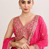 Bright Pink Tissue Banarasi Embroidered Lehenga Set