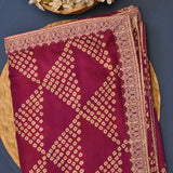 Bandhani Printed Saree In Burgundy With Gold Zari Border