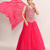 Bright Pink Soft Organza Embroidered Lehenga Set