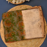 Rust Brown Printed Chiffon Saree With Golden Floral Paisley & Woven Border