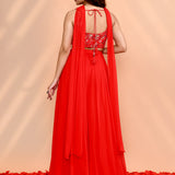 Scarlet Red Georgette Embroidered Indo-Western Set