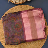 Navy Floral Printed Organza Saree With Pink Pattu Border