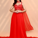 Scarlet Red Georgette Embroidered Indo-Western Set