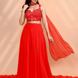 Scarlet Red Georgette Embroidered Indo-Western Set