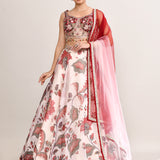 Pastel Red Satin Crepe Floral Printed Lehenga Set