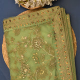 Sage Green Net Saree With Hand Embroidered Gold Sequin Florals