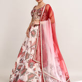 Pastel Red Satin Crepe Floral Printed Lehenga Set