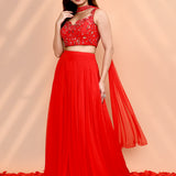 Scarlet Red Georgette Embroidered Indo-Western Set