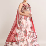 Pastel Red Satin Crepe Floral Printed Lehenga Set