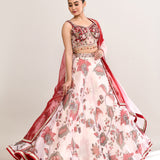 Pastel Red Satin Crepe Floral Printed Lehenga Set