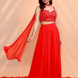Scarlet Red Georgette Embroidered Indo-Western Set