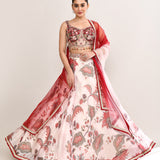 Pastel Red Satin Crepe Floral Printed Lehenga Set