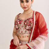 Pastel Red Satin Crepe Floral Printed Lehenga Set
